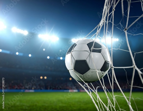 Wallpaper Mural Soccer ball strikes the goal net against a brightly lit stadium background, capturing the decisive moment of a score in an exciting football match. Torontodigital.ca