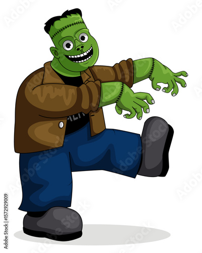 Funny Frankenstein Monster in Rising From Death Pose – Cartoon Halloween Character Vector Illustration