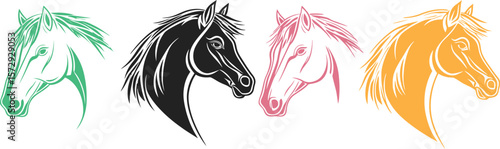 Four horse head outlines in blue and gold on a white background