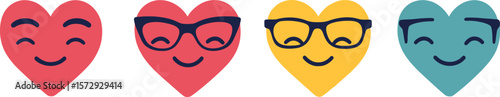 Four colorful heart emojis with smiling faces and eyeglasses