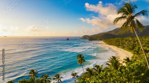 Wallpaper Mural Ocean Waves Rolling on Tropical Beach With Palm Trees at Sunset Aerial View Torontodigital.ca