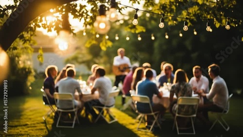 Cinematic focus pull from glowing string lights to a blurry background of people enjoying a backyard party at dusk, creating a warm atmosphere.