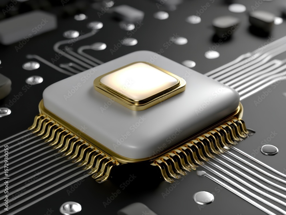 Closeup of gold electronic microchip on black circuit board Closeup of gold electronic microchip on black circuit board