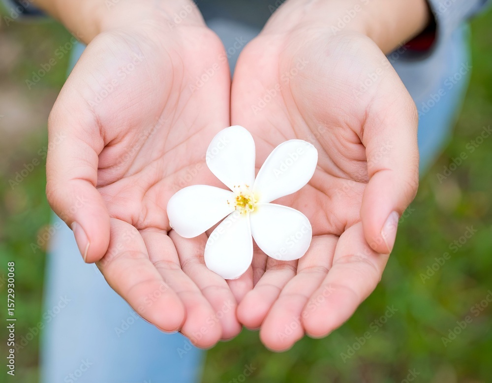 Person's cupped hands gently holding a delicate white flower, symbolizing nature's beauty, care, and purity against a soft outdoor background. Person's cupped hands gently holding a delicate white flower, symbolizing nature's beauty, care, and purity against a soft outdoor background.