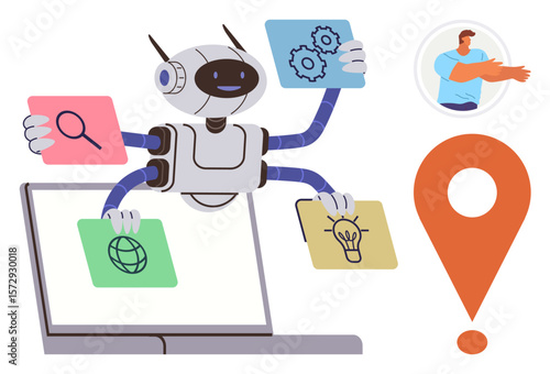 Robot multitasking with search, settings, internet, and idea concepts on a laptop. Prominent map marker, user profile. Ideal for AI, automation, innovation digital workflow navigation user