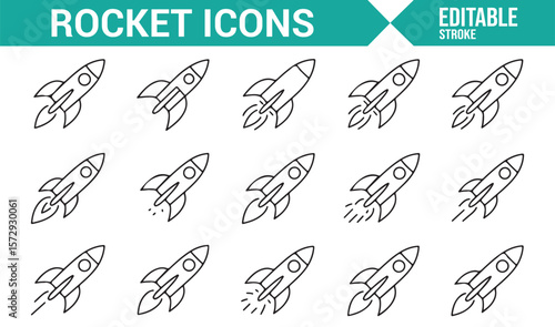Set of Icons Representing Rockets, Spacecraft, and Space Exploration