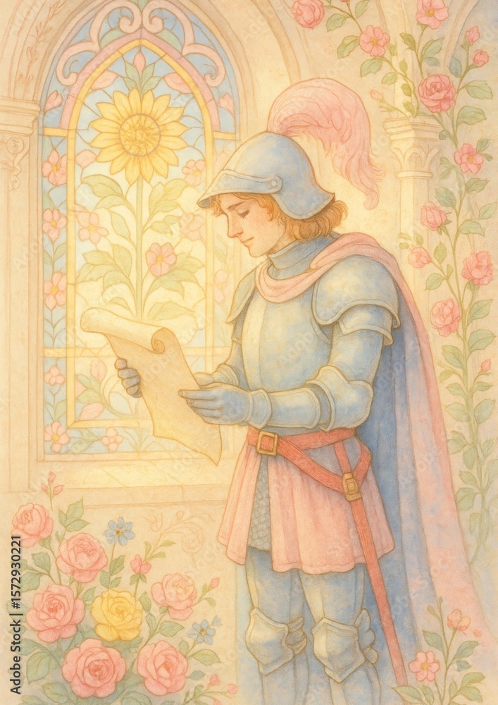 Naklejka premium Knight reading scroll amidst flowers.
