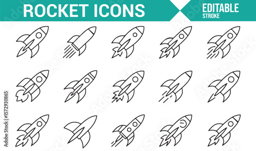 Set of Rocket Icons for Space Exploration, Launch, and Space Technology