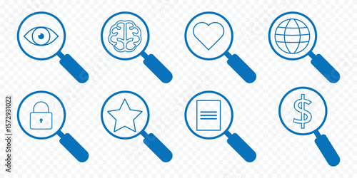 set of magnifying glass and gear icons. data analysis symbol sign. trendy and modern design. vector magnifying glass icon.  eyesight symbol. eyes with magnifying glasses icon eps 10