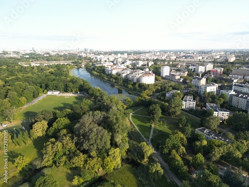 фотографія Aerial panoramic view of urban district with residential buildings and river run
