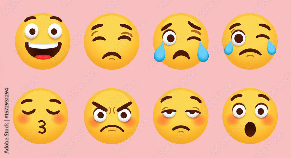 Fototapeta premium Yellow emoji faces expressing different emotions vector illustration icon set collection