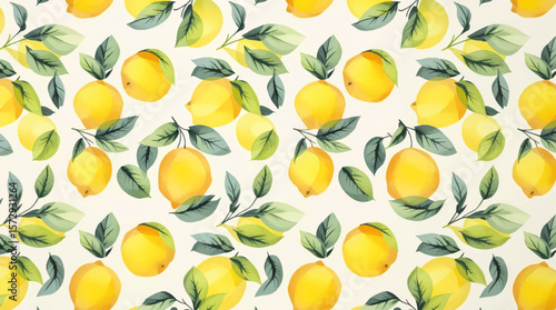 Lemon seamless border fruit illustration, cute citrus watercolor digital file on a white background close up