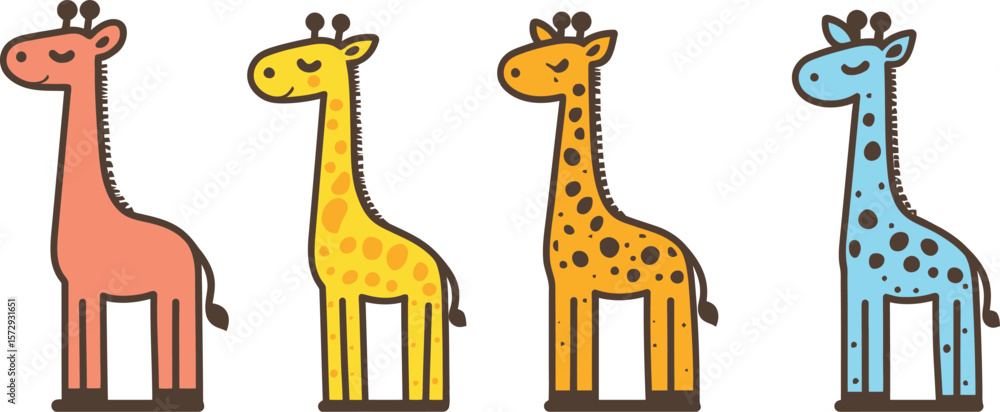 Fototapeta premium Four colorful cartoon giraffes standing side by side on white