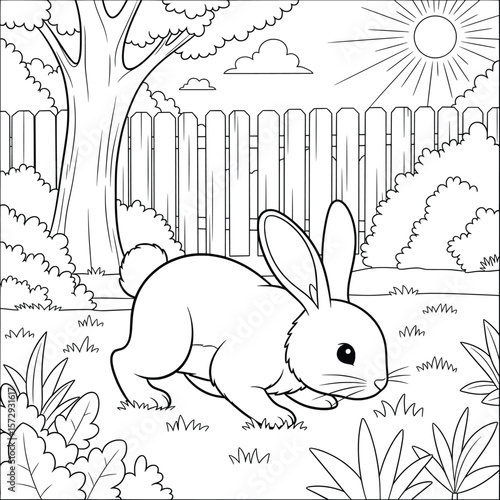 Cute rabbit in backyard garden coloring page – cartoon bunny exploring grass under sunny sky with fence, trees, and bushes – fun spring animal illustration for kids