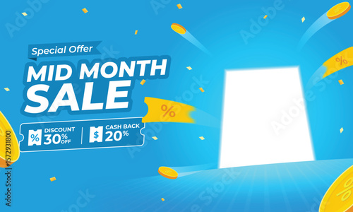 Mid Month Sale Banner with Special Offer and Discount Icons