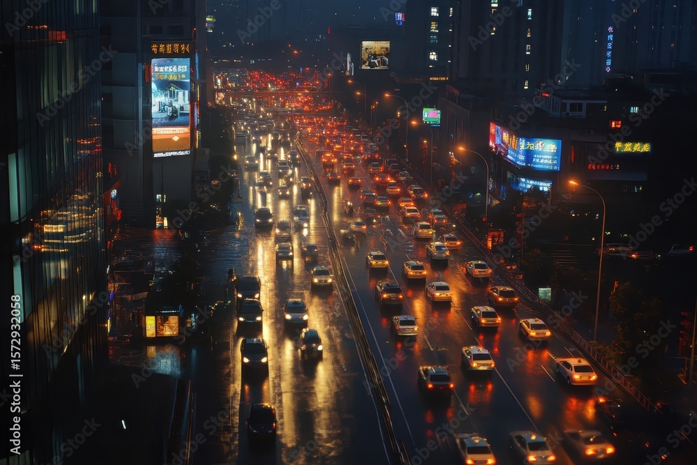 Fototapeta premium Chinese cityscape at night showing vibrant traffic and illuminated buildings, Chinese cityscape at night, the traffic on the roads, fast paced lifestyle