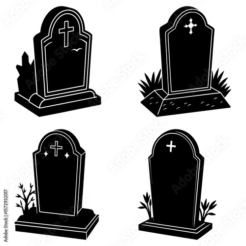Illustration of four gravestones with crosses and grass in a black and white vector drawing style