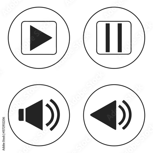 Illustration of play pause volume up and volume down icons contained within circular and square shapes