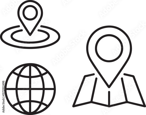 Minimalist Location Icons Featuring Navigation Pins, a Detailed Globe, and a Stylized Map Depiction of Modern Cartography and Geolocation Concepts