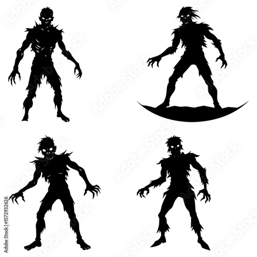 Four zombie silhouettes in various poses with sharp claws and tattered clothing against a white background