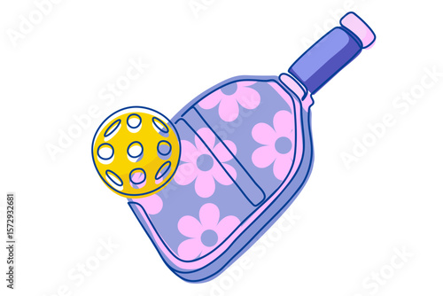 Bright vector illustration of pickleball paddle with floral pattern and  yellow ball. Perfect for use in sports branding, print designs, apparel, digital content, or youth-themed materials