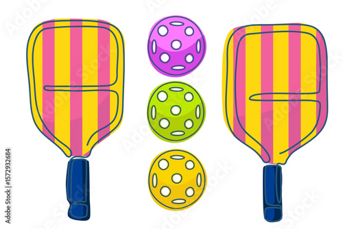 Vector illustration of two striped pickleball paddles and three colorful perforated balls. Perfect for use in sports-themed designs, social media graphics, and pickleball product branding.