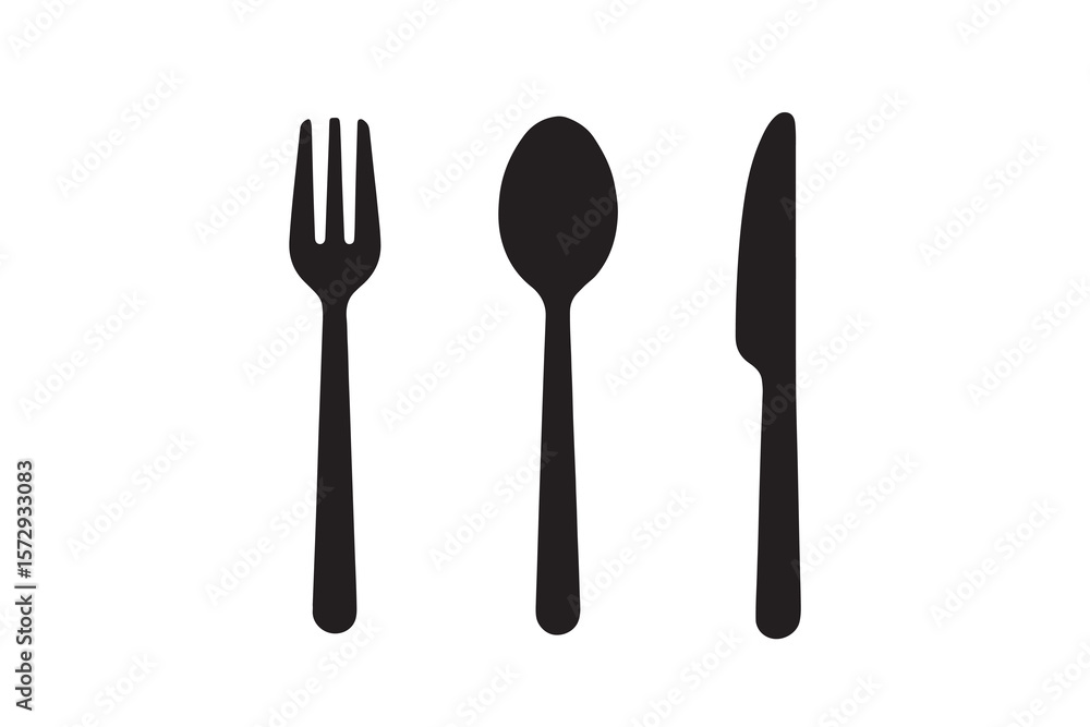 Simple Black Silhouette of Fork, Spoon, and Knife on White Background Simple Black Silhouette of Fork, Spoon, and Knife on White Background