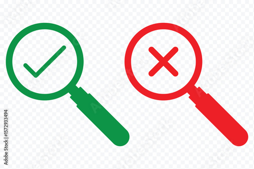 Magnifying glass icon set. loupe sign with check mark, plus symbol. Search icons. Search Icon vector illustration. zoom in and zoom out symbol. right wrong. Yes and No sign eps 10