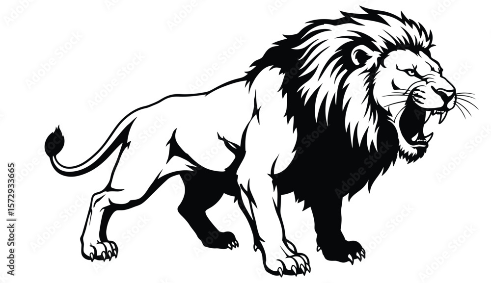 Obraz premium Roaring Lion Silhouette in Black and White on White Background