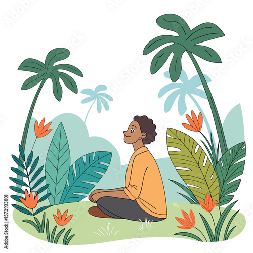 A woman sitting in a tropical garden surrounded by palm trees and lush foliage in a peaceful setting