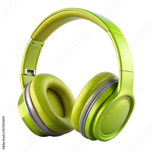 A pair of vibrant green headphones sits on a transparent background