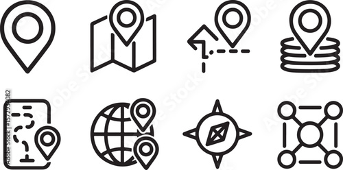 Simple Black and White Iconography of Navigation and Location Pinpointing Services for Web and App Design to Improve User Experience and Interface