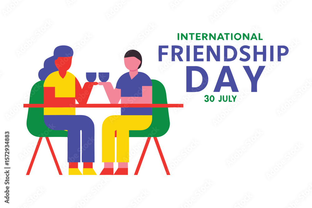 Naklejka premium Celebrating Friendship Day: Vibrant graphic captures the spirit of International Friendship Day, featuring two figures clinking cups in a warm, inviting scene. 