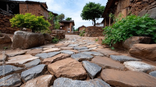 Fototapeta Naklejka Na Ścianę i Meble -  Morning light filters through lush leaves in a tranquil village with cobblestone streets and vibrant flowers adorning stone walls