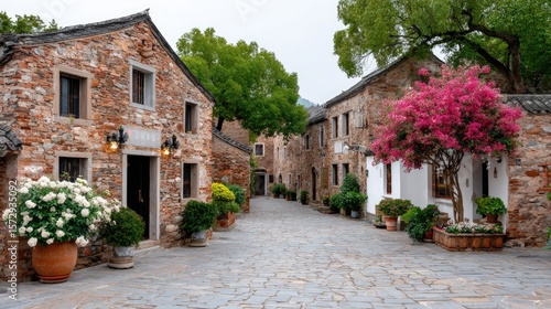 Fototapeta Naklejka Na Ścianę i Meble -  Morning light filters through lush leaves in a tranquil village with cobblestone streets and vibrant flowers adorning stone walls