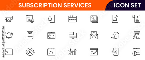 Subscription Services vector web line icon collection, sleek illustrations of plans, payments, memberships, digital access for modern, streamlined designs.