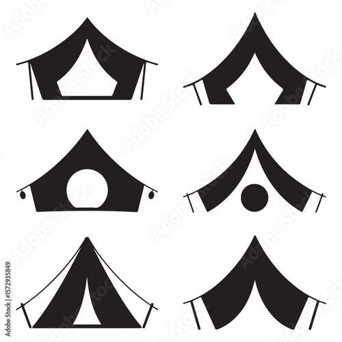 Minimalist Black Tent Silhouette Vector on White Background – Outdoor Camping Design for Adventure Projects with Dome, Ridge, A-Frame, and Tunnel Tent Styles. Thank You . 