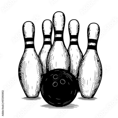 Bowling Pins and Ball: A detailed hand-drawn illustration of bowling pins standing in formation, with a bowling ball ready to strike. capturing a classic game element.