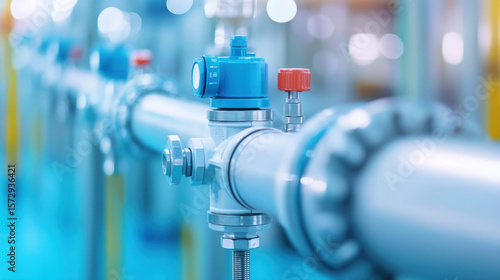 Automated valves controlling water flow in a piping system.