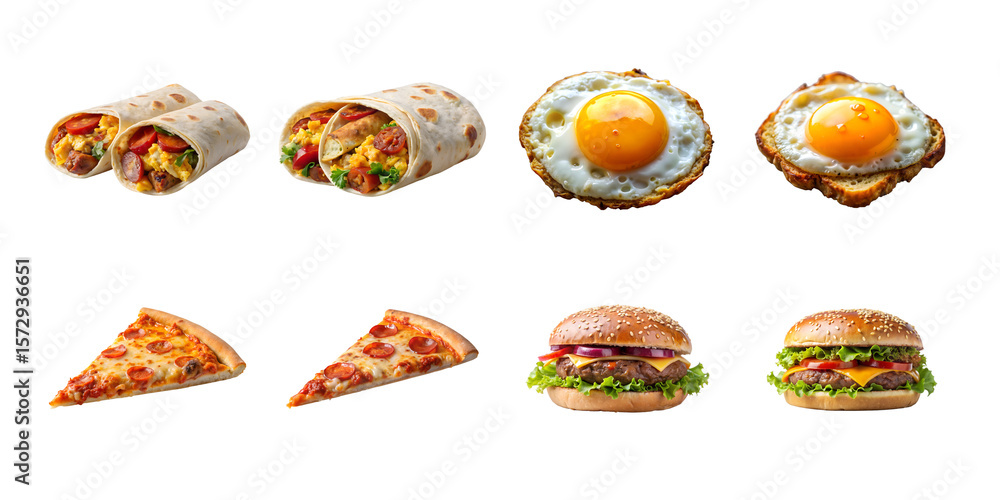 An assortment of fast food items including burritos, fried eggs, pizza slices, and burgers are displayed against a transparent background An assortment of fast food items including burritos, fried eggs, pizza slices, and burgers are displayed against a transparent background