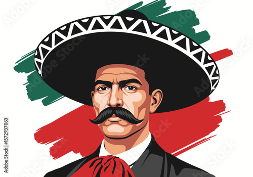 Stylized vector portrait of Mexican revolutionary hero Emiliano Zapata.