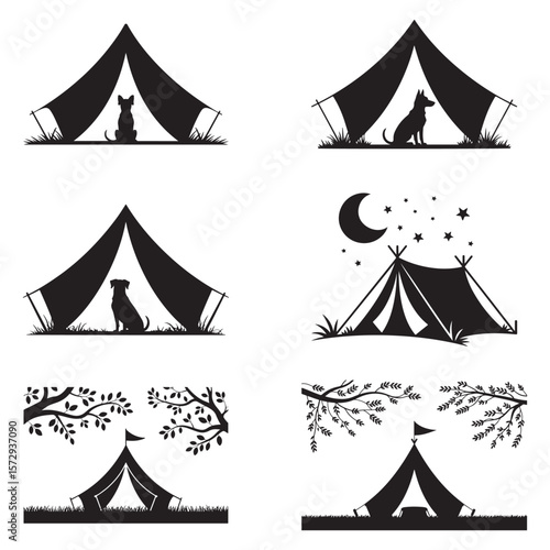 Minimalist Black Tent Silhouette Vector on White Background – Outdoor Camping Design for Adventure Projects with Dome, Ridge, A-Frame, and Tunnel Tent Styles. Thank You . 