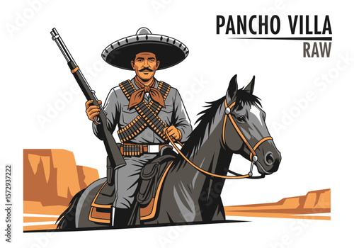 Portrait of Mexican revolutionary general Pancho Villa on horseback