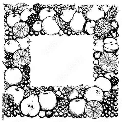 Orchard Frame: An artful black-and-white illustration creates a bountiful frame with an assortment of fresh fruits. The image encapsulates the essence of the orchard.