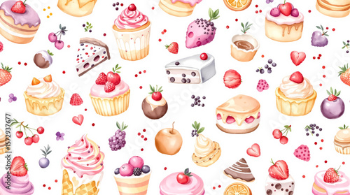 Kawaii Style Watercolor Sweets Pattern Cupcakes Strawberries and Pastries