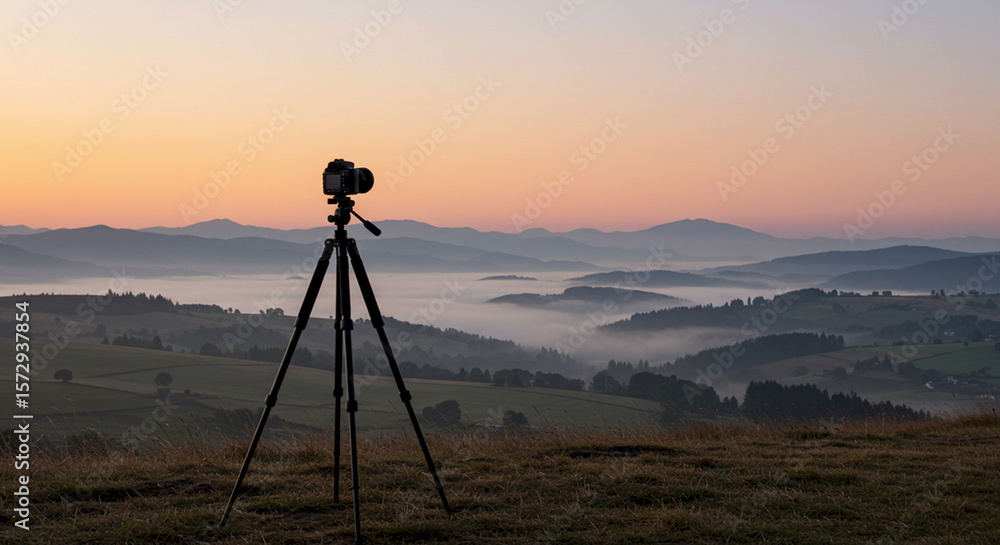 Naklejka premium Camera on tripod capturing sunrise over misty mountains 