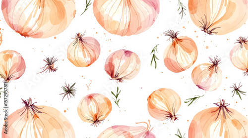 Pastel Watercolor Garlic and Onion Bulbs Pattern for Culinary and Home Decor