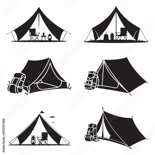 Minimalist Black Tent Silhouette Vector on White Background – Outdoor Camping Design for Adventure Projects with Dome, Ridge, A-Frame, and Tunnel Tent Styles. Thank You . 