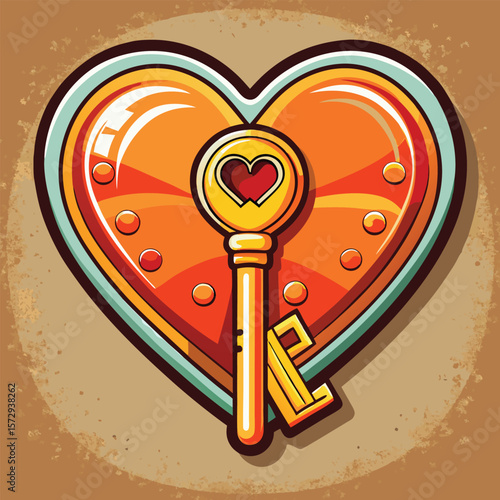 Vintage heart shaped lock and key silhouette with retro color palette