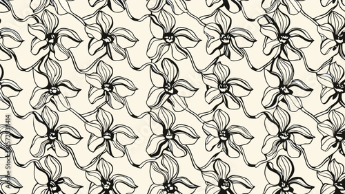 Seamless floral pattern with stylized orchids and winding stems in a monochrome color scheme design